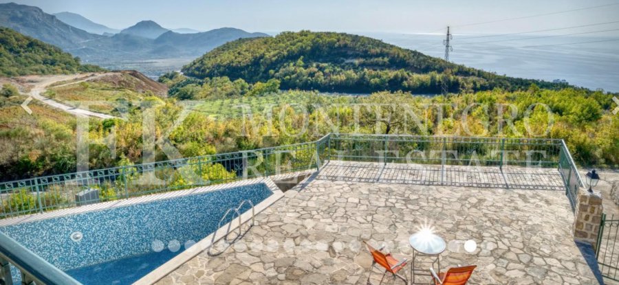Luxury villa in the traditional Pashtrovsky style, 466m2, above Petrovac in the village of Krushevica, with fantastic sea view, in Montenegro.