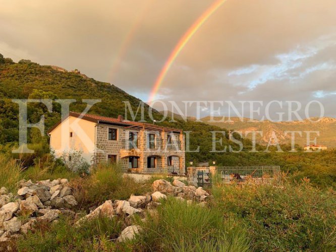 Luxury villa in the traditional Pashtrovsky style, 466m2, above Petrovac in the village of Krushevica, with fantastic sea view, in Montenegro.